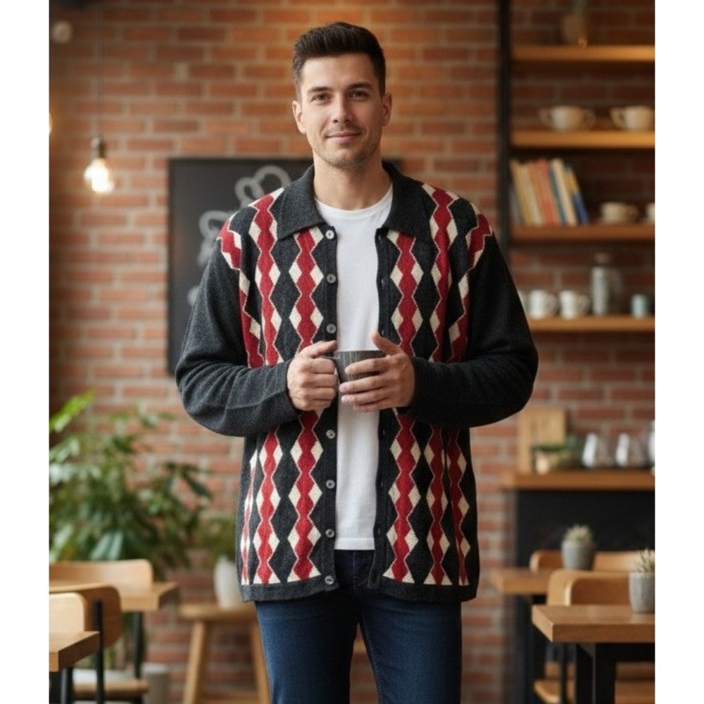 Jaeger Wool Cardigan‎ Sweater Men's 38 Grey Red Geometric Diamond Button Front
